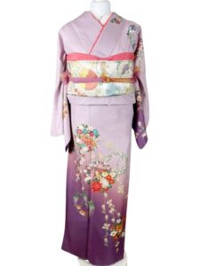 【訪問着　HOUMONGI】 若紫色　四季の花輪にオシドリ★ポリエステル袷