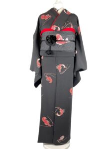 【小紋 KOMON】 黒緑色　縁起が良すぎる伊勢海老尽くし★正絹袷