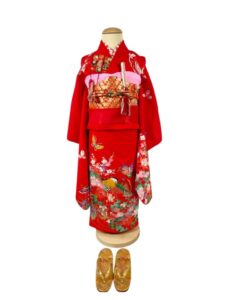 【七五三Girl女の子　7歳/5歳】 深緋色　蝶とオシドリ　麗しの水辺