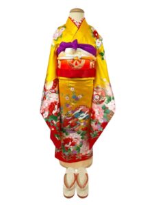 【七五三Girl女の子　7歳/5歳】山吹色・慶びの花と蝶に鶴