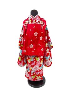 【七五三Girl女の子　3歳/5歳】 昭和レトロ　朱赤に遊ぶ 子すずめと子うさぎ