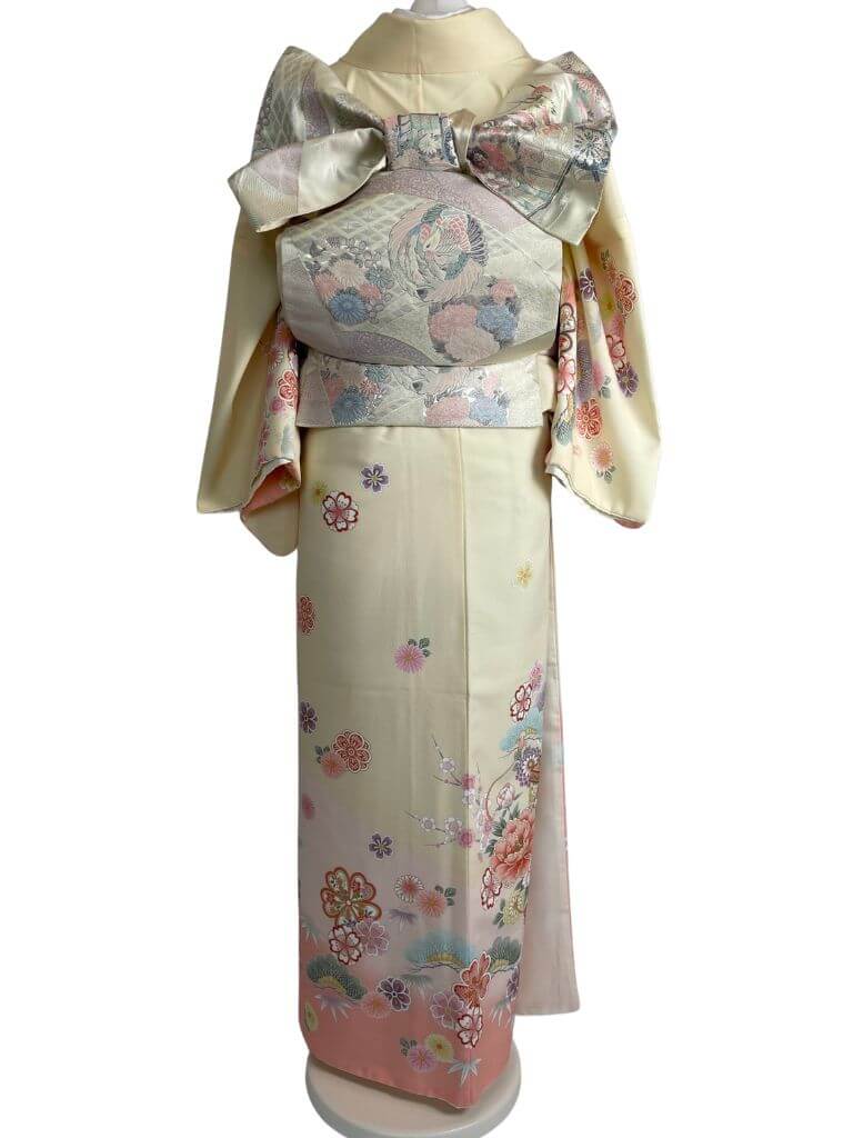 【訪問着　HOUMONGI】 クリーム色　桜に松竹梅　小さな秘密の小箱をそえて★ポリエステル袷