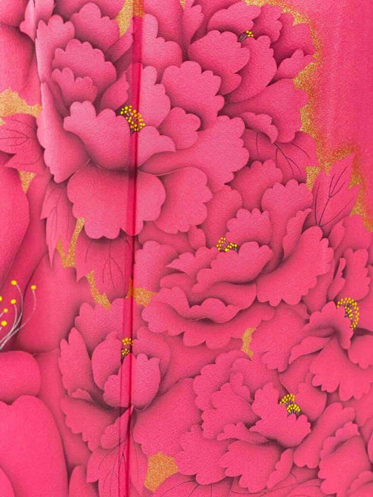 【訪問着　HOUMONGI】モダン着物　牡丹色（マゼンタピンク）　咲き誇る大輪の牡丹★正絹袷