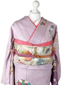 【訪問着　HOUMONGI】 若紫色　四季の花輪にオシドリ★ポリエステル袷