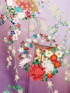 【訪問着　HOUMONGI】 若紫色　四季の花輪にオシドリ★ポリエステル袷