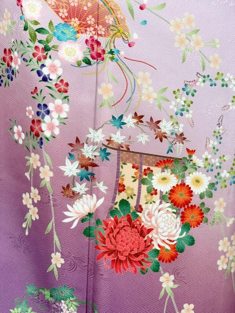 【訪問着　HOUMONGI】 若紫色　四季の花輪にオシドリ★ポリエステル袷