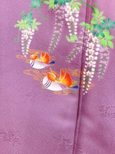 【訪問着　HOUMONGI】 若紫色　四季の花輪にオシドリ★ポリエステル袷