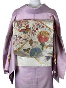 【訪問着　HOUMONGI】 若紫色　四季の花輪にオシドリ★ポリエステル袷