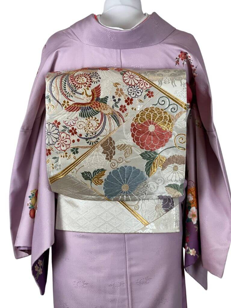 【訪問着　HOUMONGI】 若紫色　四季の花輪にオシドリ★ポリエステル袷