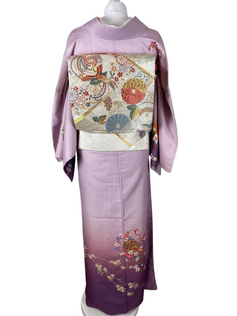 【訪問着　HOUMONGI】 若紫色　四季の花輪にオシドリ★ポリエステル袷