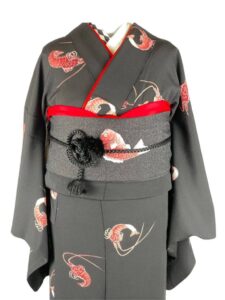 【小紋 KOMON】 黒緑色　縁起が良すぎる伊勢海老尽くし★正絹袷