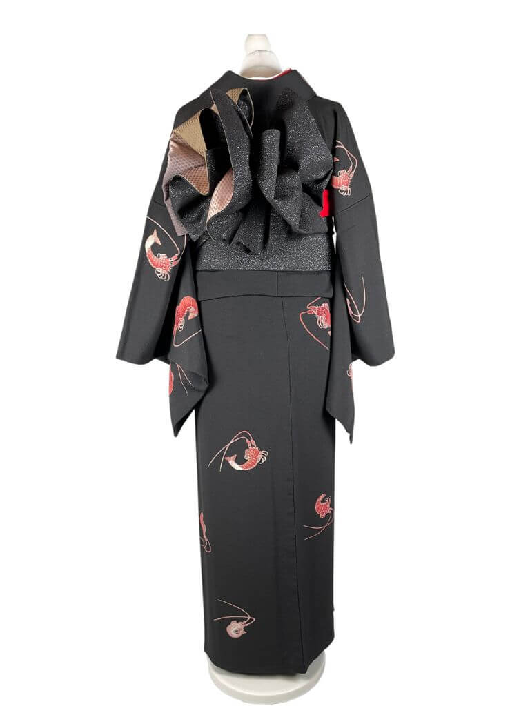 【小紋 KOMON】 黒緑色　縁起が良すぎる伊勢海老尽くし★正絹袷