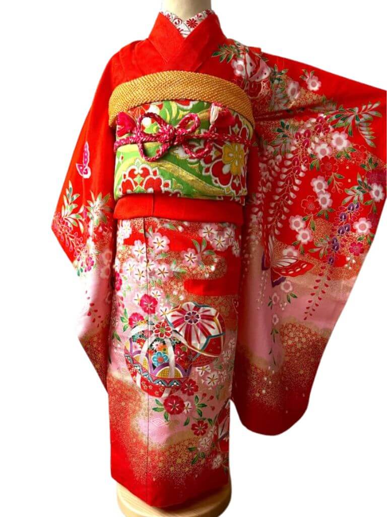 七五三 作り帯 7歳 帯 桜 花 手毬 黒 金 赤 緑 ピンク 白 飾り