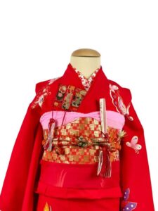 【七五三Girl女の子　7歳/5歳】 深緋色　蝶とオシドリ　麗しの水辺