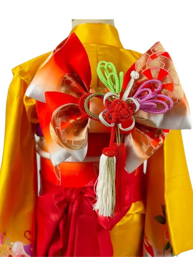 【七五三Girl女の子　7歳/5歳】山吹色・慶びの花と蝶に鶴