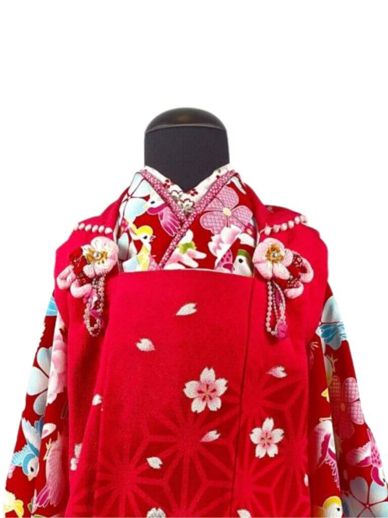 【七五三Girl女の子　3歳/5歳】 昭和レトロ　朱赤に遊ぶ 子すずめと子うさぎ