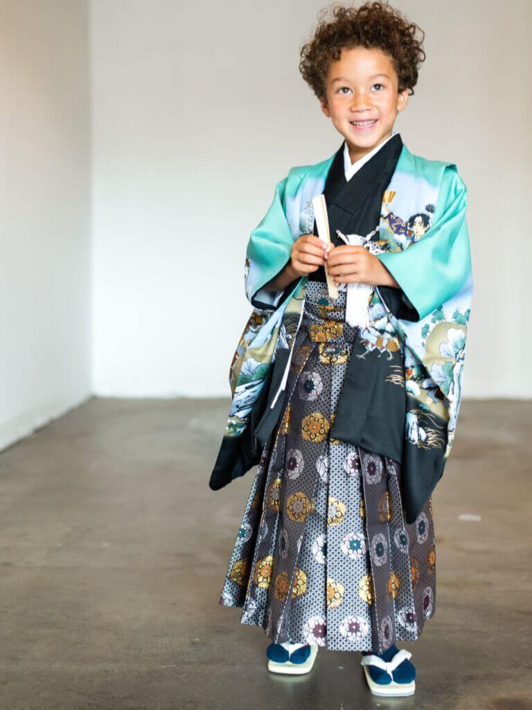 【七五三Boy男の子　5歳】ミントグリーンに日本一の桃太郎