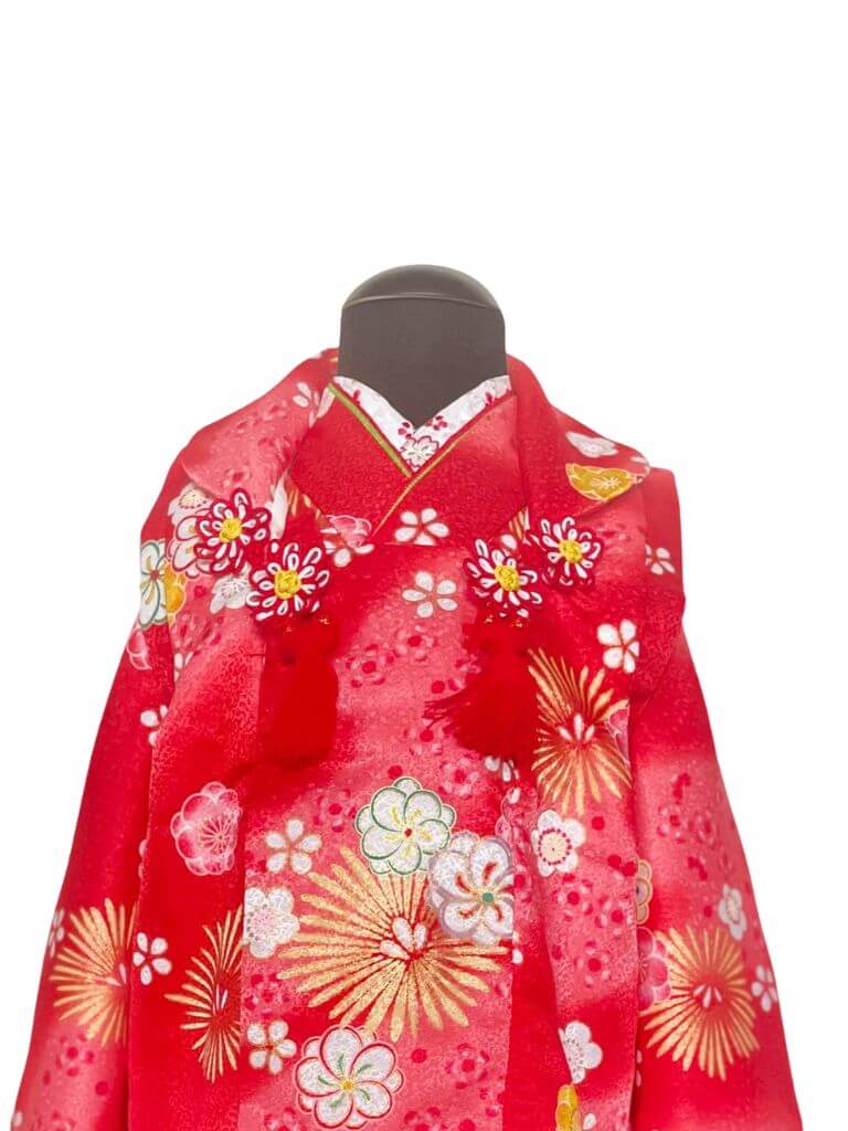 【七五三Girl女の子　3歳/5歳】猩々緋色（しょうじょうひいろ）のぼかし　 ねじり梅