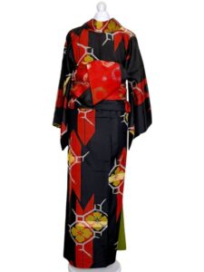 【銘仙 MEISEN】 始まりの和モダン　緋色矢羽根に鶸（ひわ）色の花菱★正絹袷