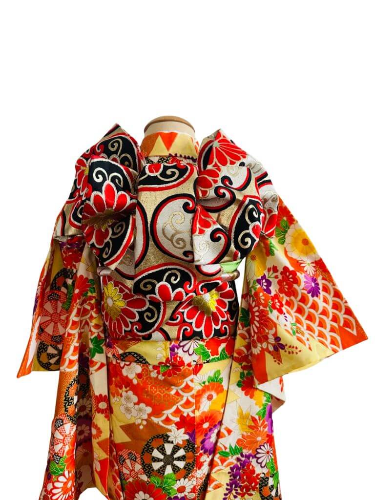 レトロきもの【七五三Girl女の子　7歳/5歳】　蜜柑色（みかんいろ）百花繚乱