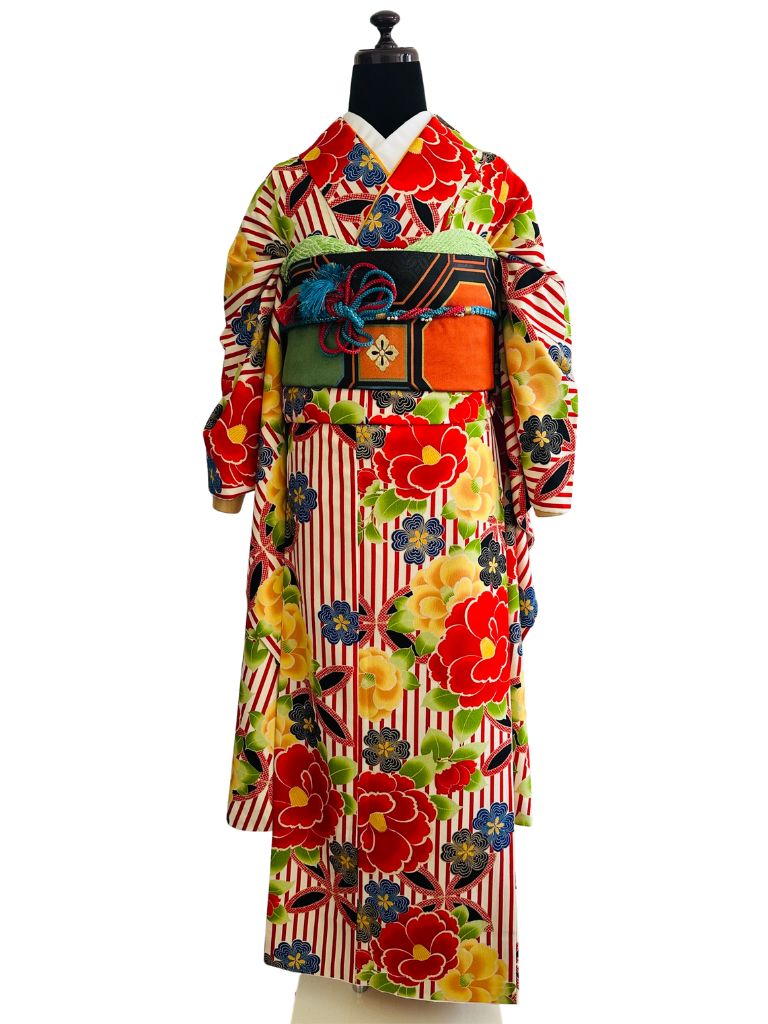 【振袖　FURISODE】紅白（こうはく）縦縞　芍薬Modern