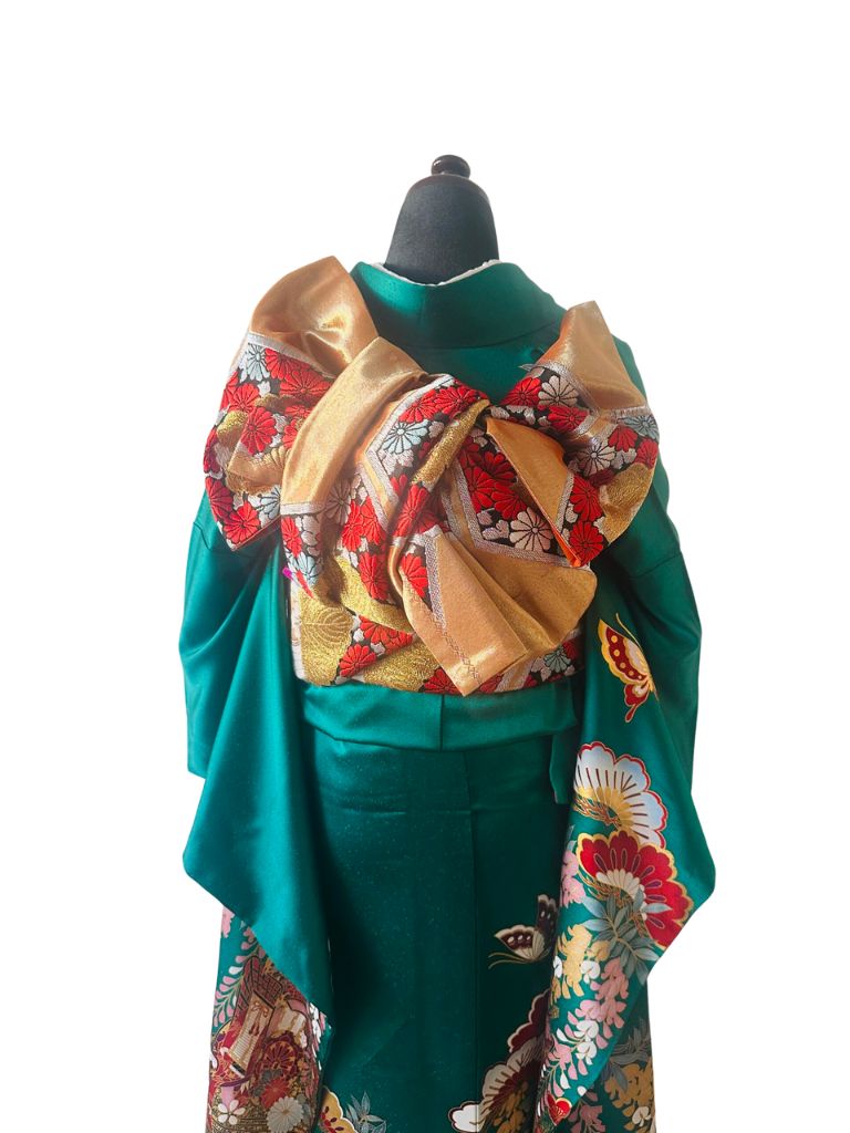 【正絹振袖　FURISODE】深緑（ふかみどり）絢爛の御所車と藤