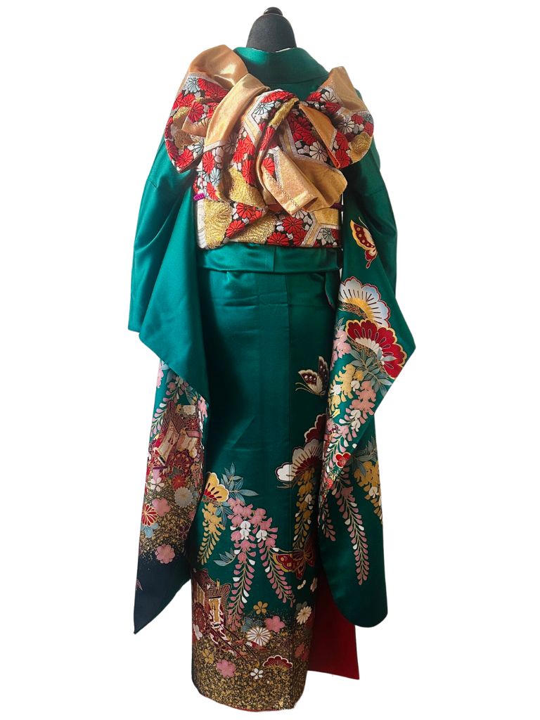 【正絹振袖　FURISODE】深緑（ふかみどり）絢爛の御所車と藤