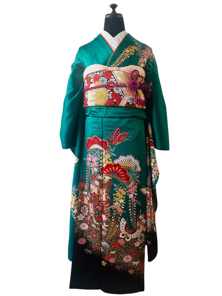 【正絹振袖　FURISODE】深緑（ふかみどり）絢爛の御所車と藤