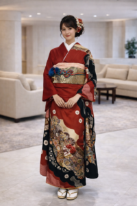 【振袖　FURISODE】紅海老茶（べにえびちゃ）色　吉祥 雲の間に間に★正絹袷