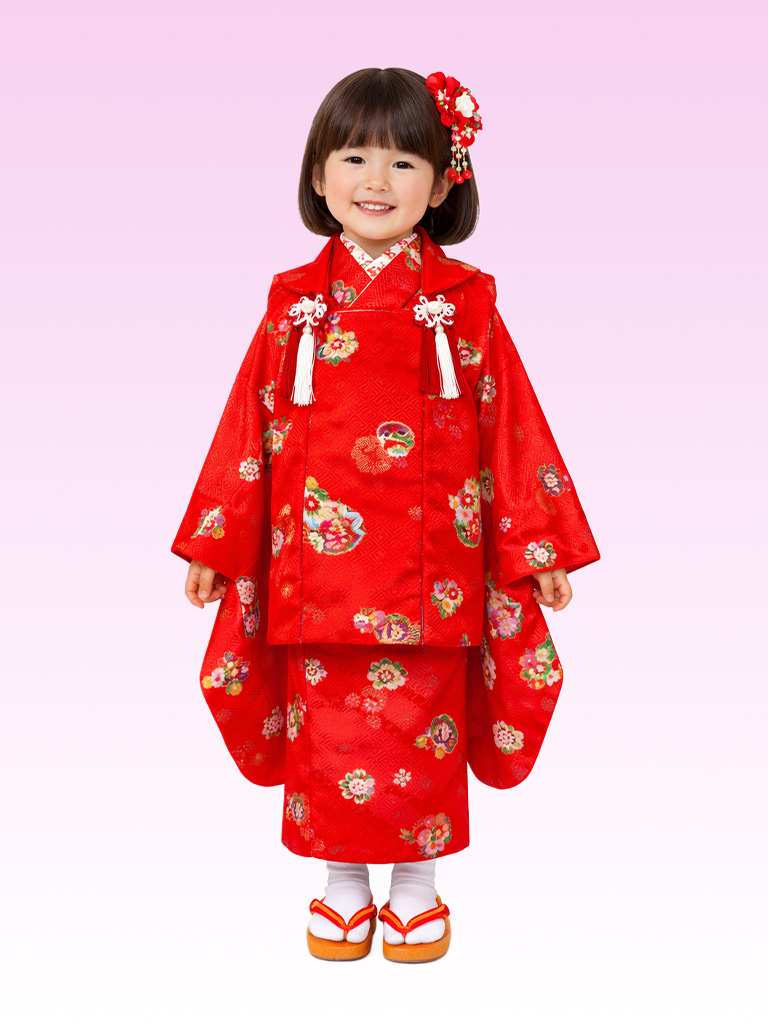 【七五三Girl女の子　3歳/5歳】 赤橙に毬柄　紗綾形（さやがた）文様の地紋