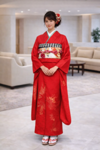 【振袖　FURISODE】緋色　飛翔する金色の鶴★正絹袷