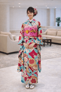 【振袖　FURISODE】 空色　大胆な菊花と七宝