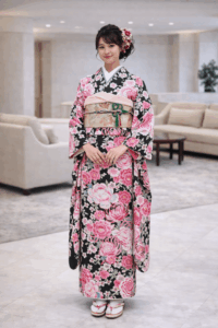 【振袖　FURISODE】　黒×ピンク　桜と芍薬ぼたん★ポリエステル