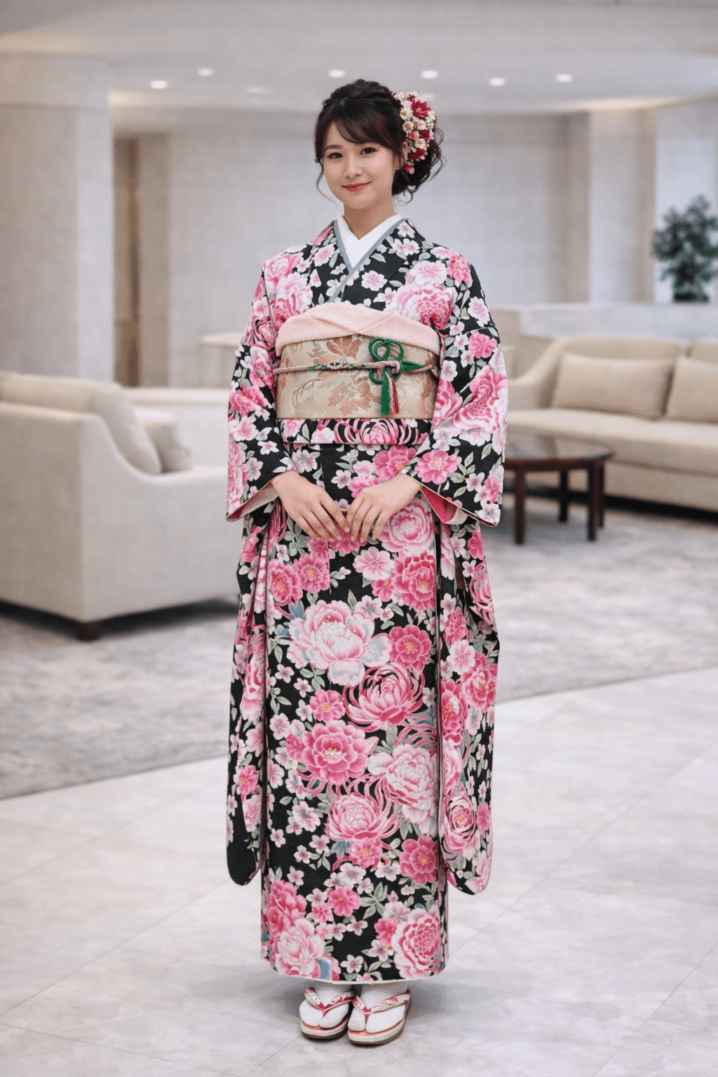 【振袖　FURISODE】　黒×ピンク　桜と芍薬ぼたん★ポリエステル