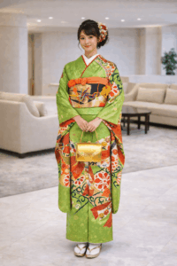 【振袖　FURISODE】常盤緑（ときわみどり）色　吉祥 雲の間に間に★正絹袷