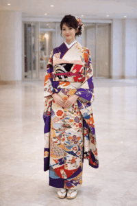 【振袖　FURISODE】 白に本紫 吉祥尽くしに寄り添うオシドリ★正絹袷
