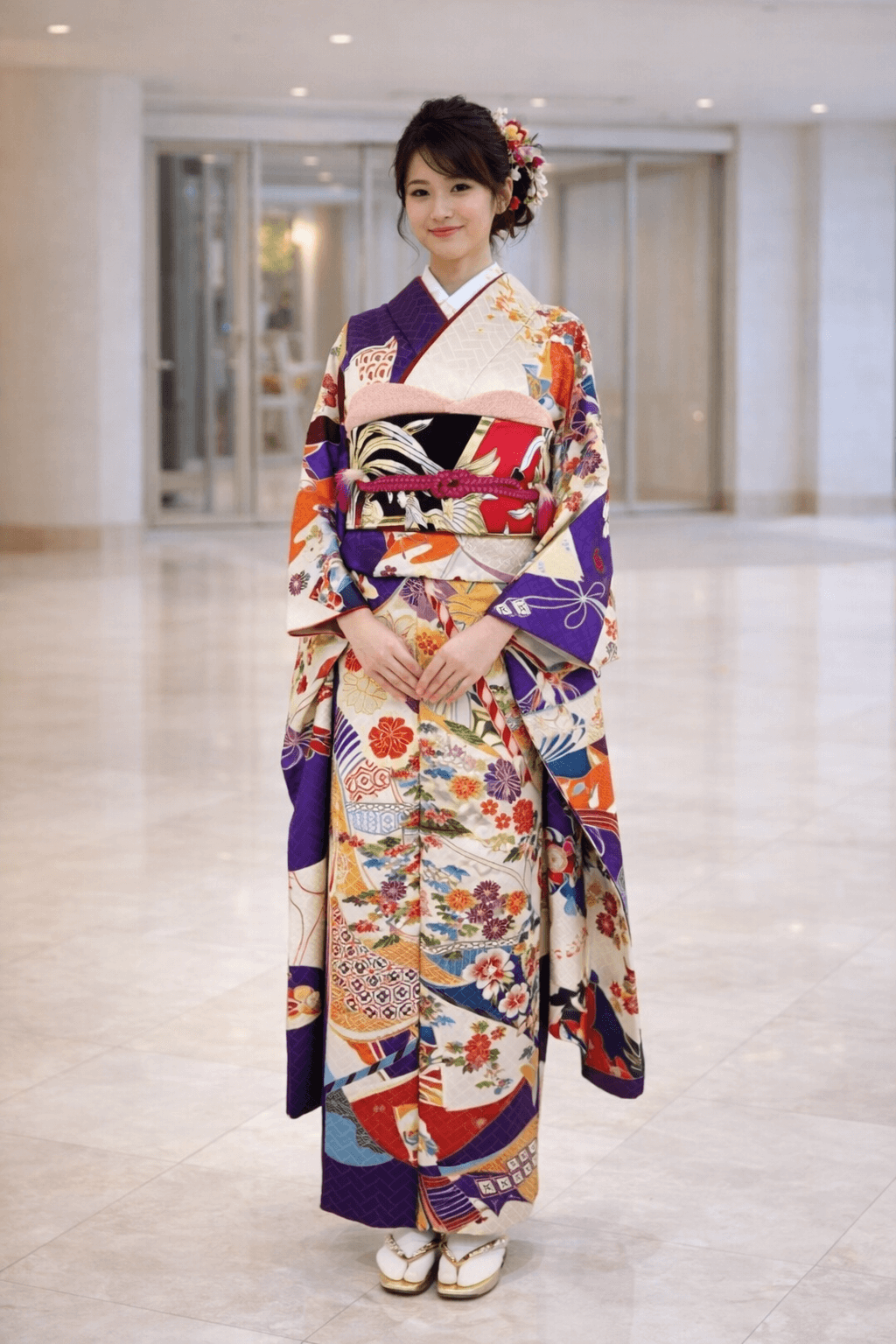 【振袖　FURISODE】 白に本紫 吉祥尽くしに寄り添うオシドリ★正絹袷