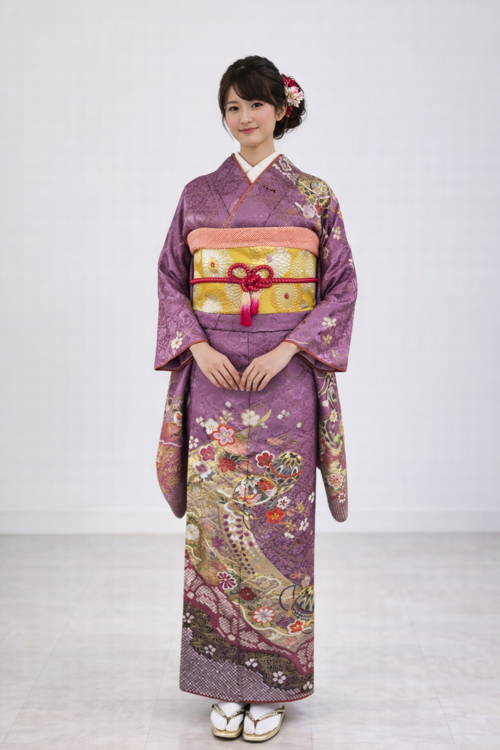 【小振袖　FURISODE】（袖丈1尺8寸）紫色に花菱の地紋　絞りと金駒刺繍に花咲く毬と蝶★正絹袷