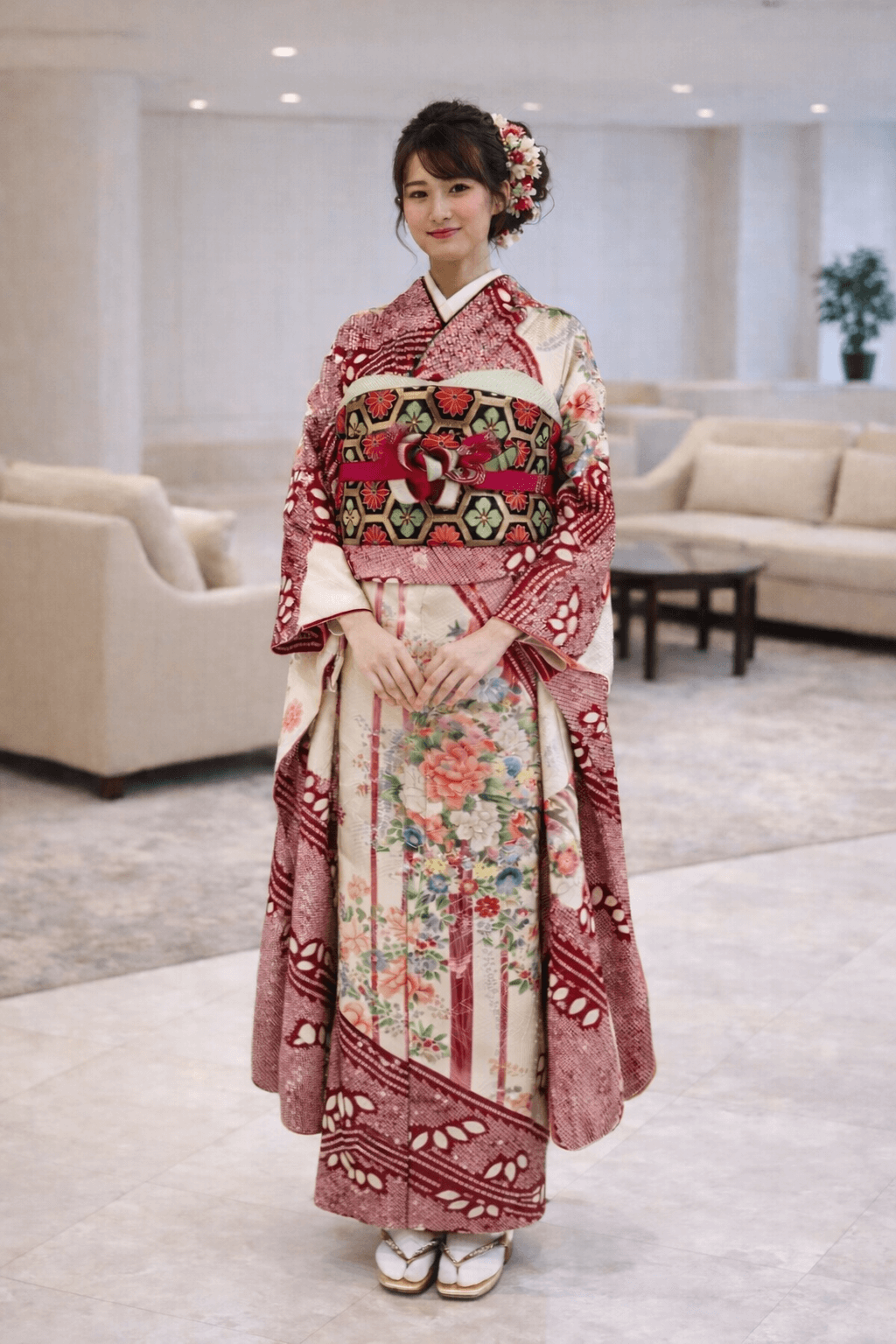 【振袖　FURISODE】 白に深緋（こきひ）色　絞りにフラワーブーケ★正絹袷