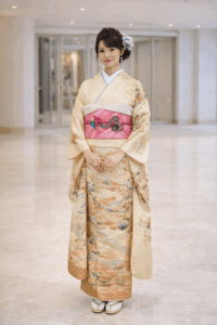 【正絹振袖　FURISODE】 淡香（うすこう）四季の花と慶にかかる橋