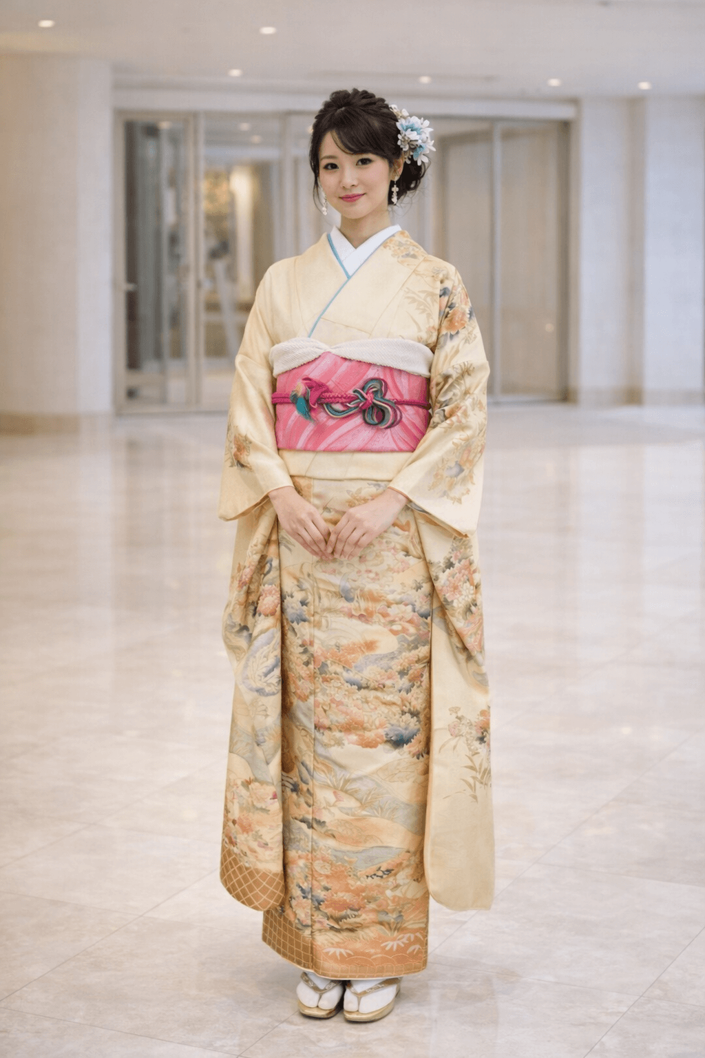 【正絹振袖　FURISODE】 淡香（うすこう）四季の花と慶にかかる橋