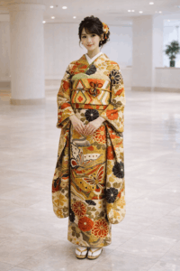 【正絹振袖　FURISODE】金赤（きんあか）市松　吉祥菊と蝶の祭典