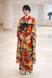 【振袖　FURISODE】紅白（こうはく）縦縞　芍薬Modern