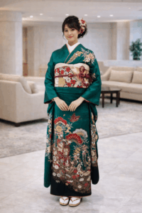 【正絹振袖　FURISODE】深緑（ふかみどり）絢爛の御所車と藤