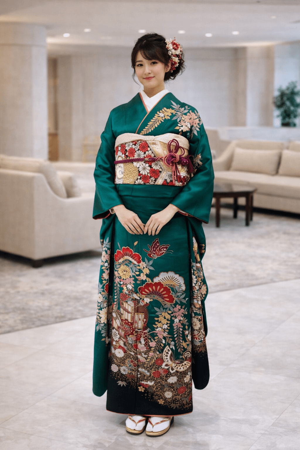 【正絹振袖　FURISODE】深緑（ふかみどり）絢爛の御所車と藤