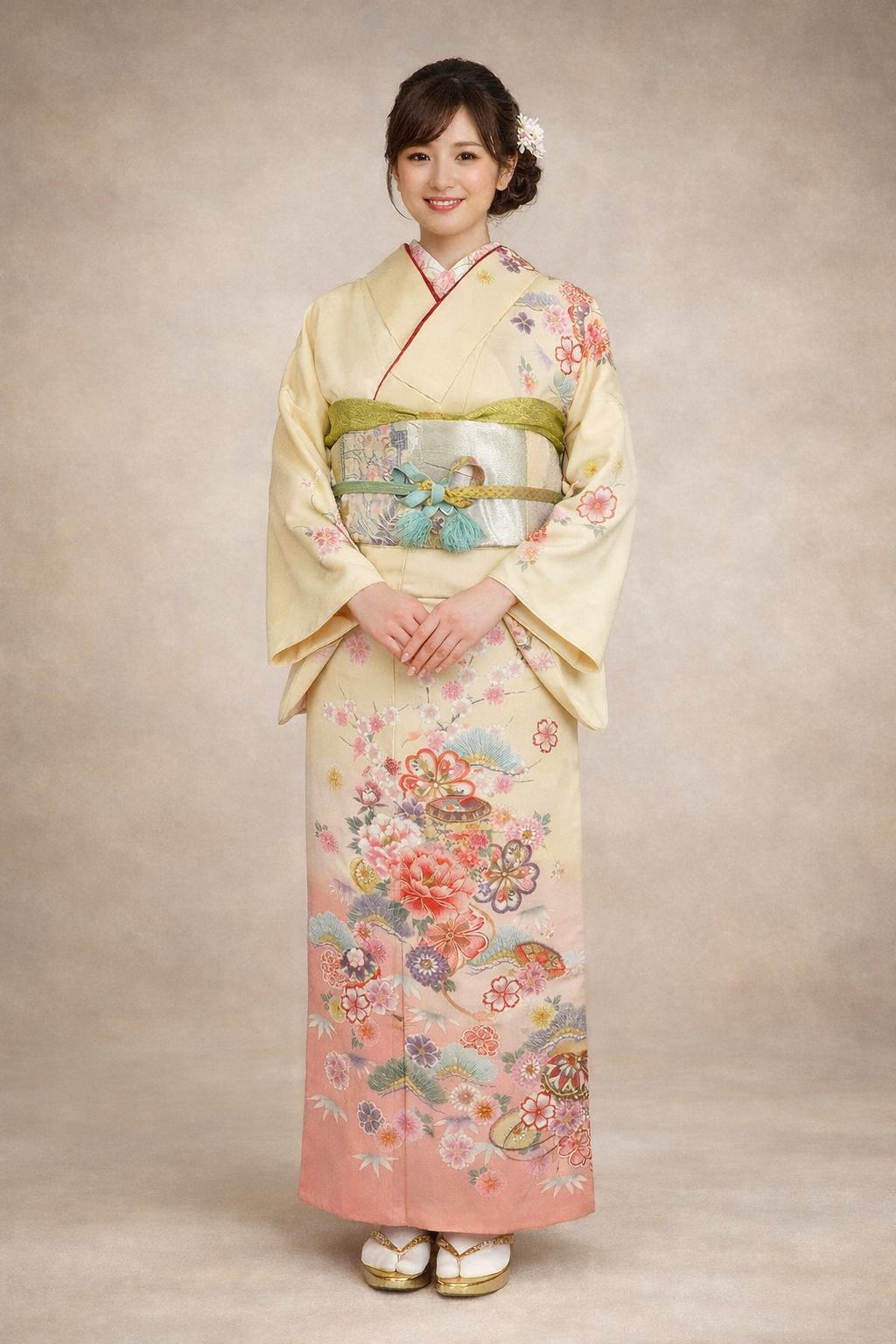 【訪問着　HOUMONGI】 クリーム色　桜に松竹梅　小さな秘密の小箱をそえて★ポリエステル袷