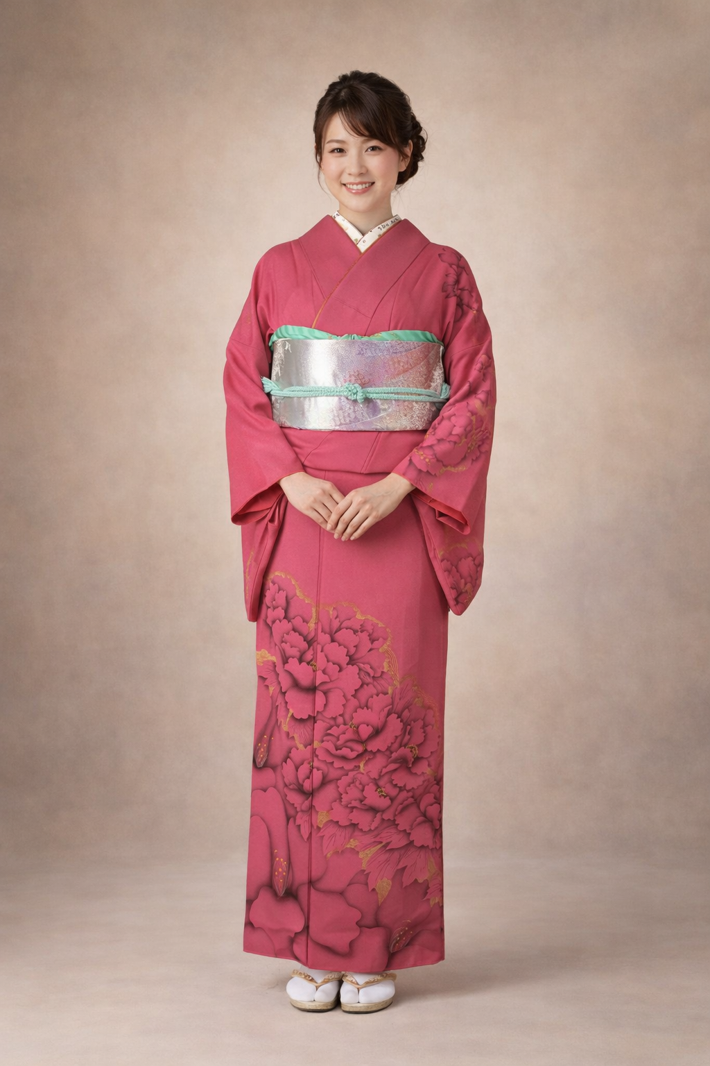 【訪問着　HOUMONGI】 モダン着物　牡丹色（マゼンタピンク）　咲き誇る大輪の牡丹★正絹袷