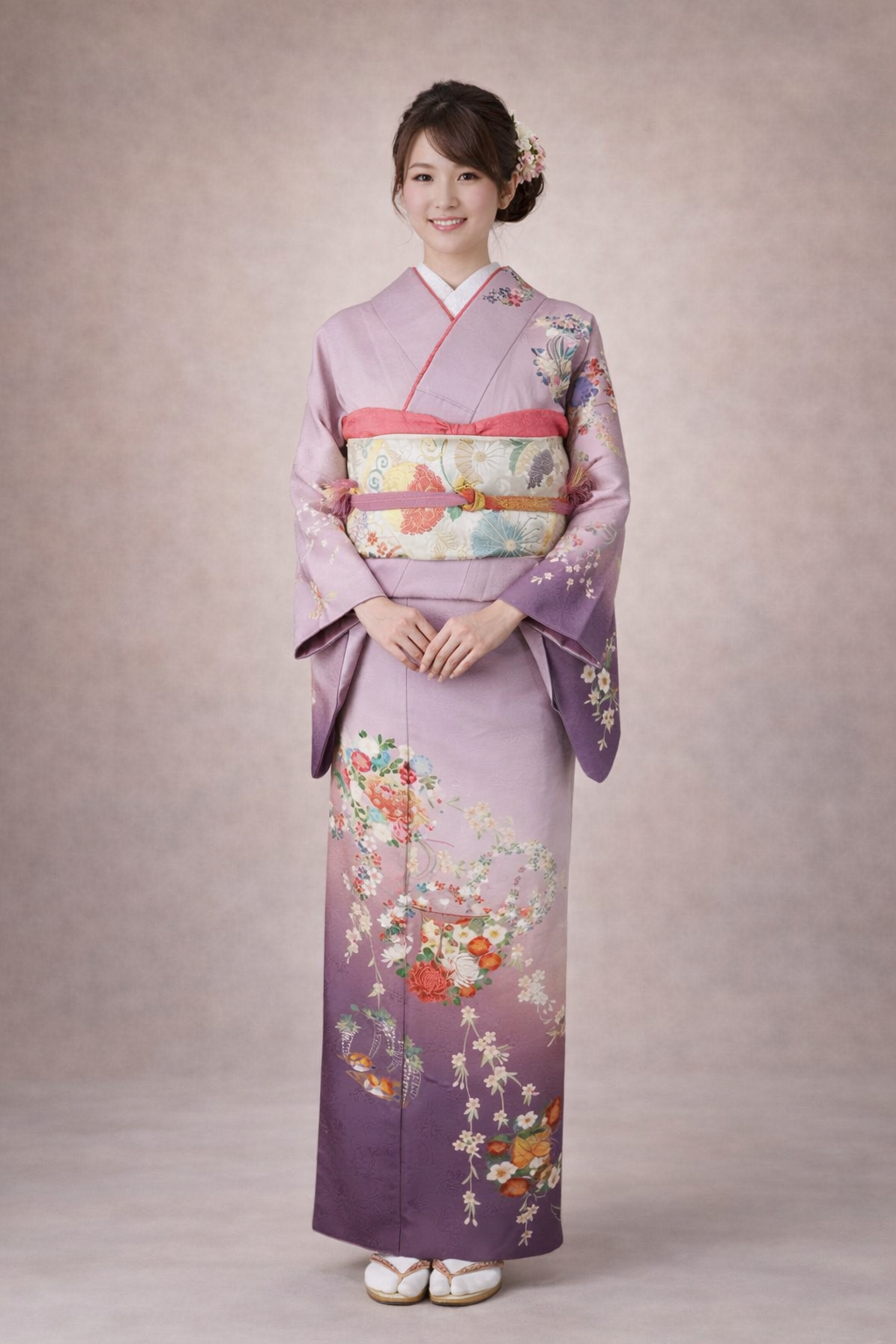 【訪問着　HOUMONGI】 若紫色　四季の花輪にオシドリ★ポリエステル袷