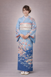 【訪問着　HOUMONGI】勿忘草色（わすれなぐさ）　咲き誇る草花に豊かな枝ぶり★ポリエステル袷