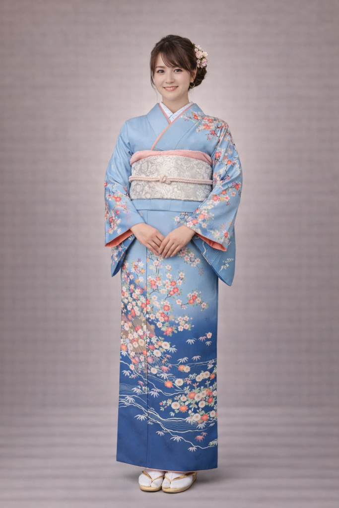 【訪問着　HOUMONGI】勿忘草色（わすれなぐさ）　咲き誇る草花に豊かな枝ぶり★ポリエステル袷